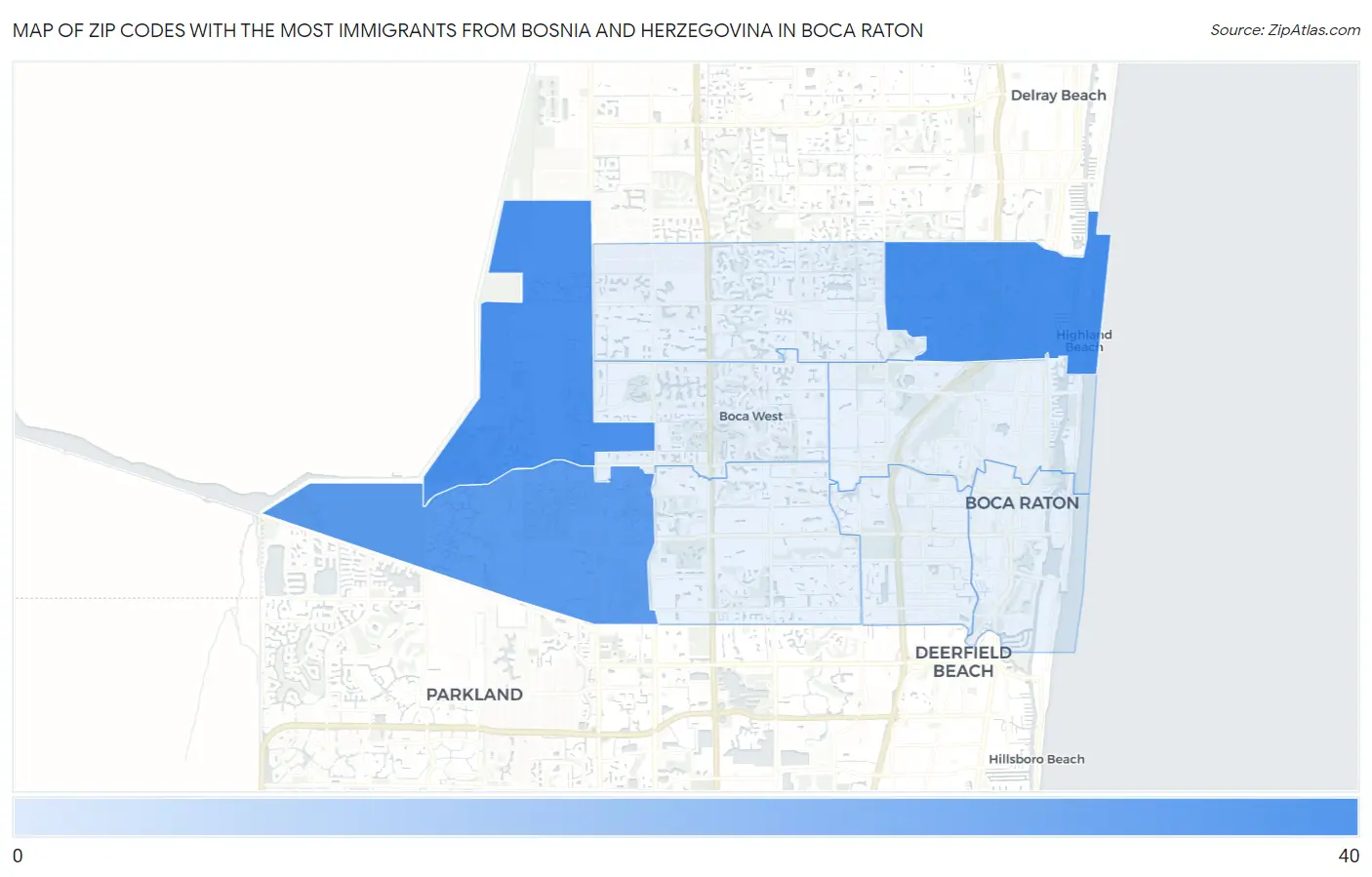 Zip Codes with the Most Immigrants from Bosnia and Herzegovina in Boca Raton Map