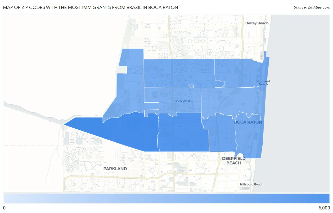Zip Codes with the Most Immigrants from Brazil in Boca Raton Map