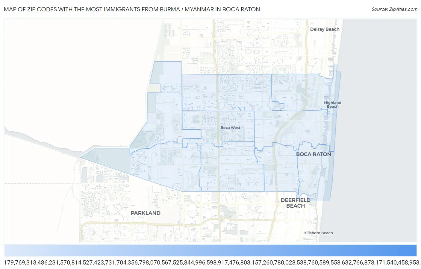 Zip Codes with the Most Immigrants from Burma / Myanmar in Boca Raton Map