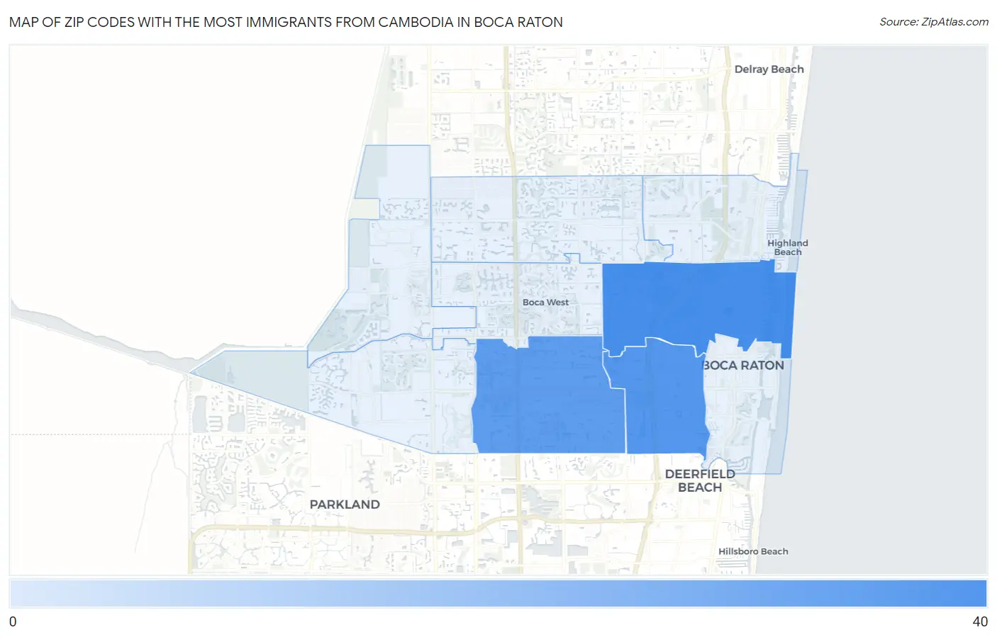 Zip Codes with the Most Immigrants from Cambodia in Boca Raton Map
