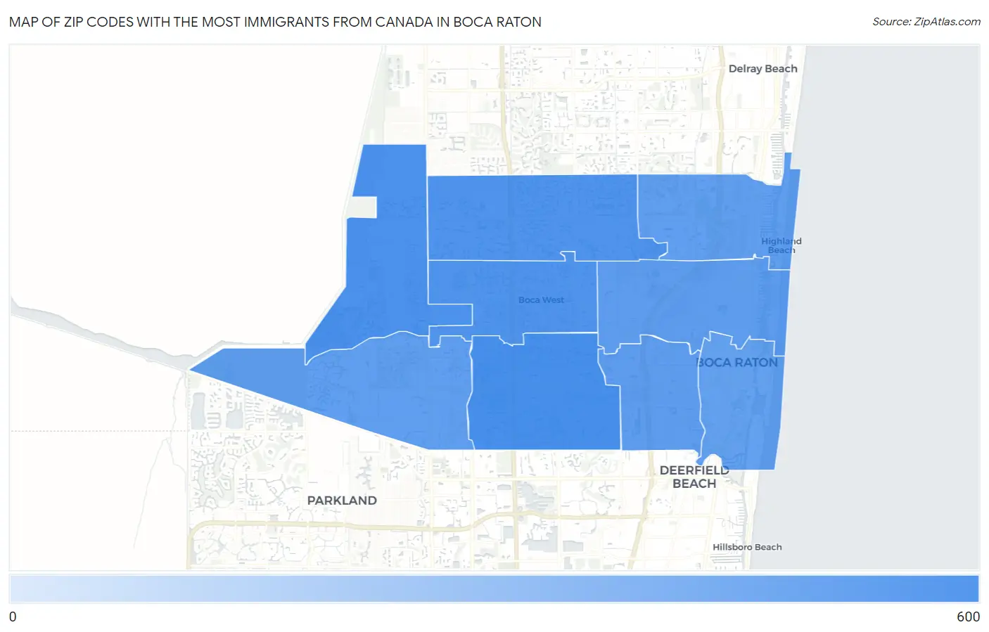Zip Codes with the Most Immigrants from Canada in Boca Raton Map