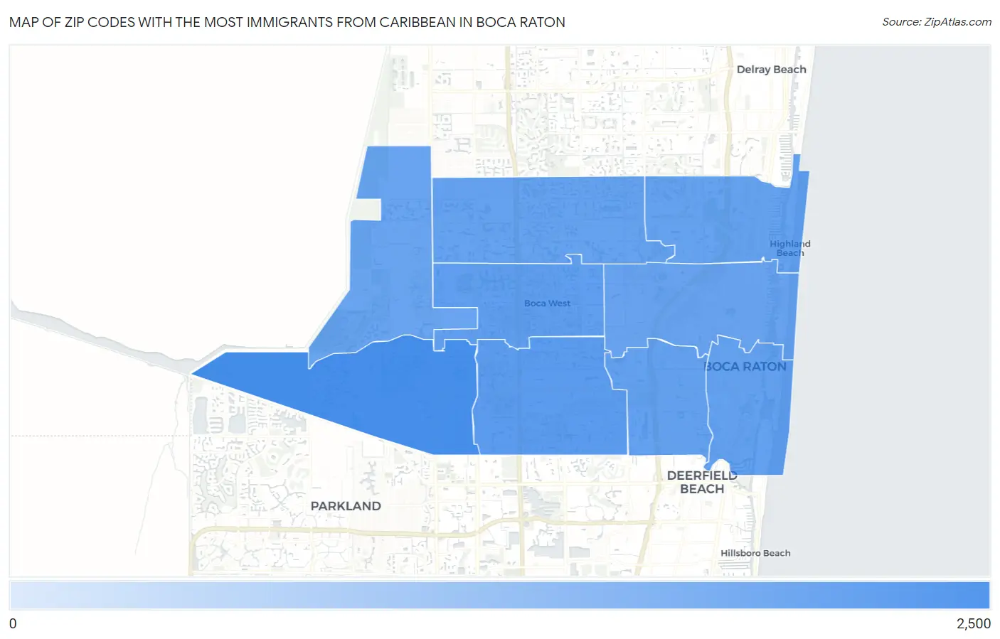 Zip Codes with the Most Immigrants from Caribbean in Boca Raton Map
