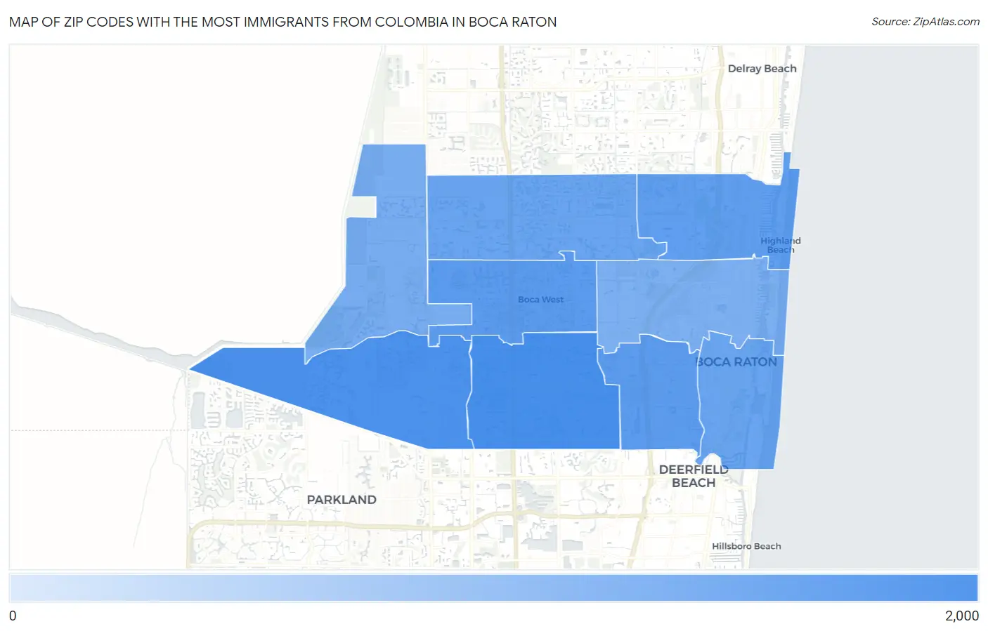 Zip Codes with the Most Immigrants from Colombia in Boca Raton Map