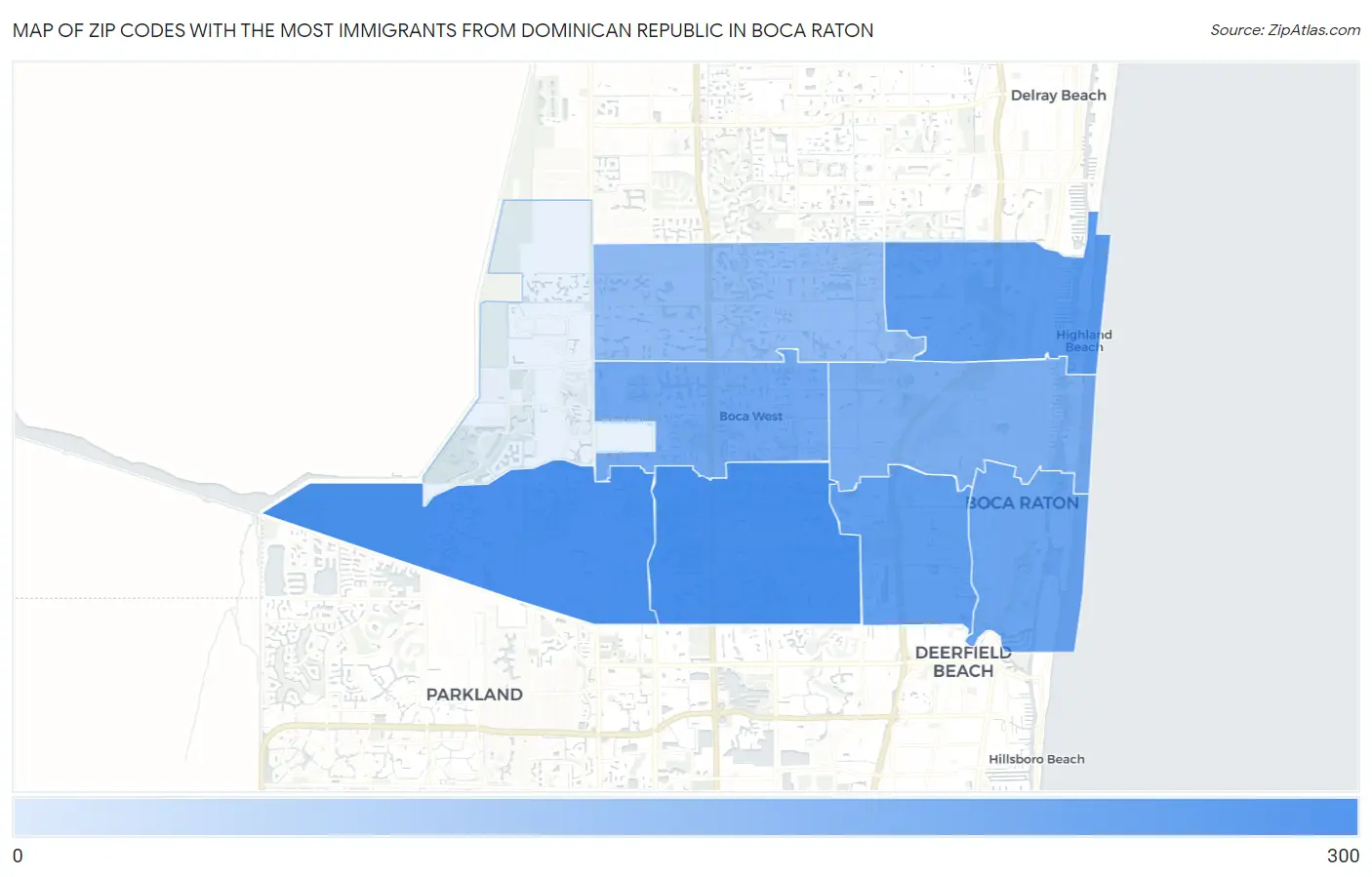 Zip Codes with the Most Immigrants from Dominican Republic in Boca Raton Map