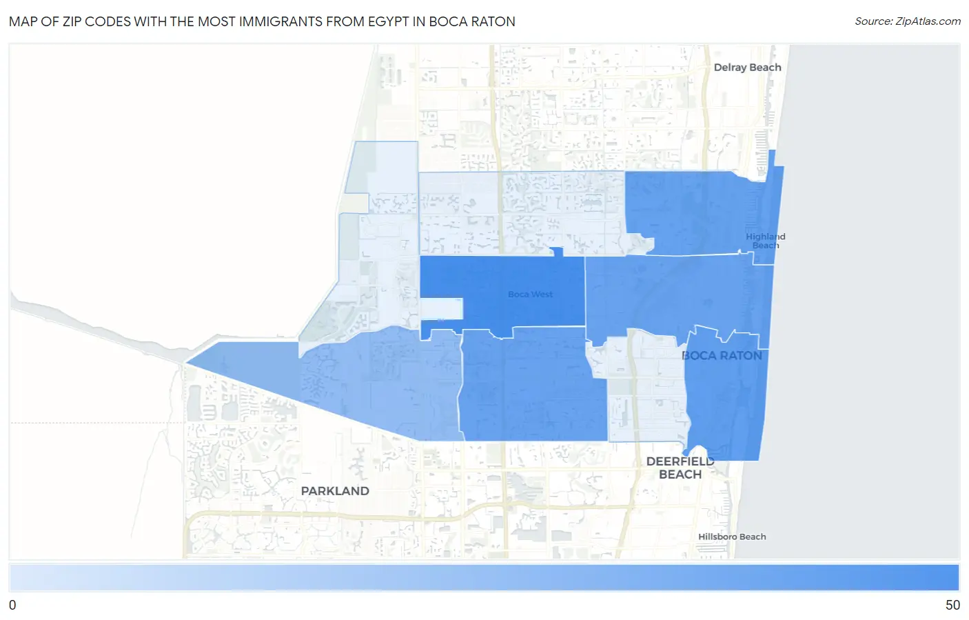 Zip Codes with the Most Immigrants from Egypt in Boca Raton Map