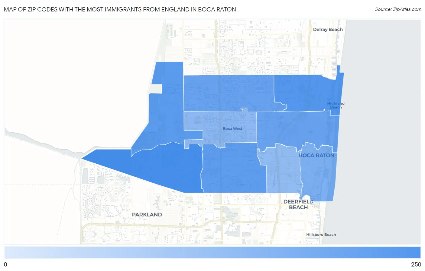 Zip Codes with the Most Immigrants from England in Boca Raton Map