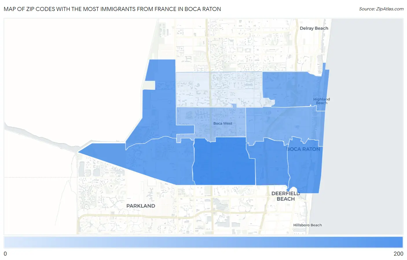 Zip Codes with the Most Immigrants from France in Boca Raton Map