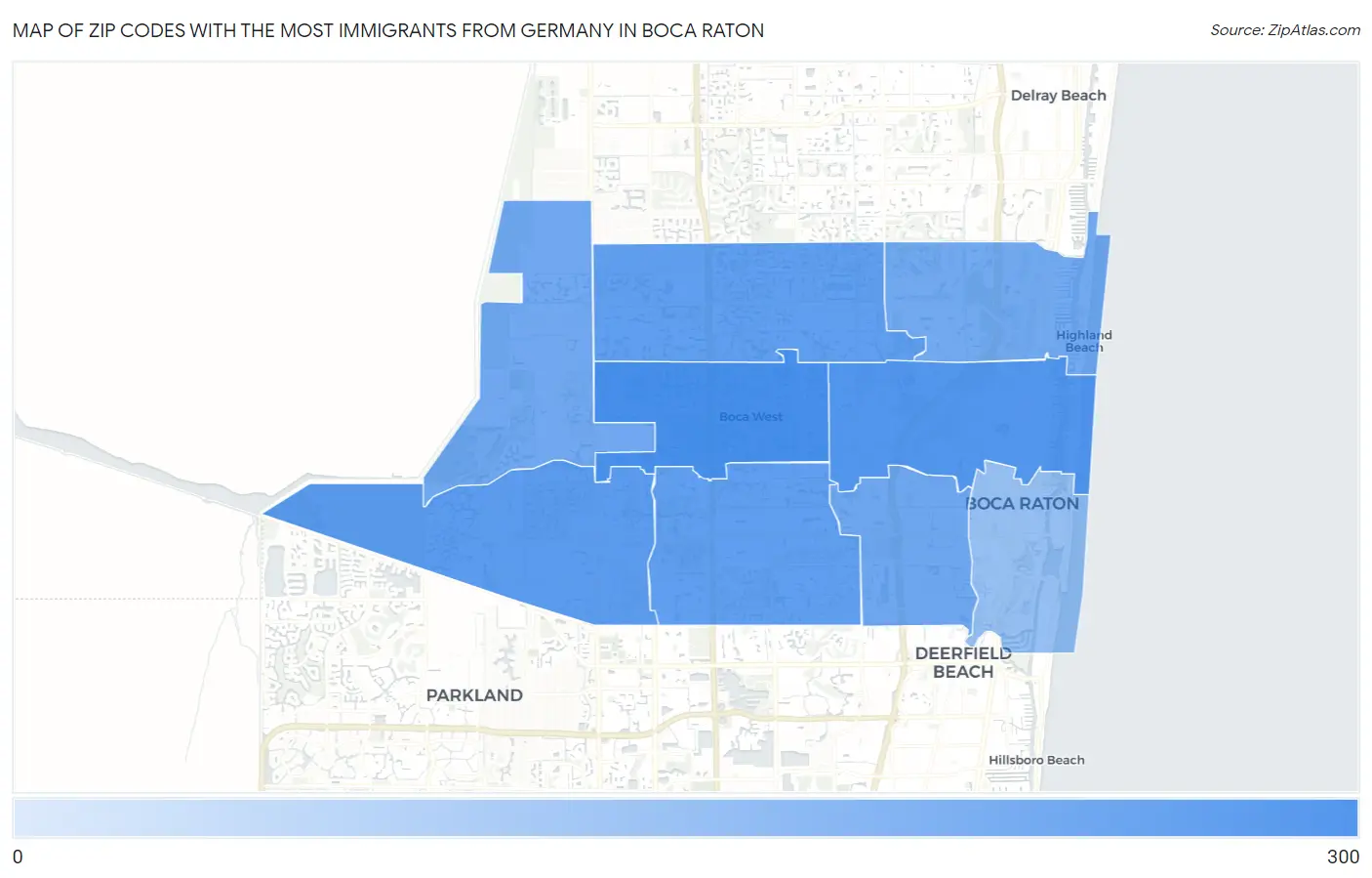 Zip Codes with the Most Immigrants from Germany in Boca Raton Map