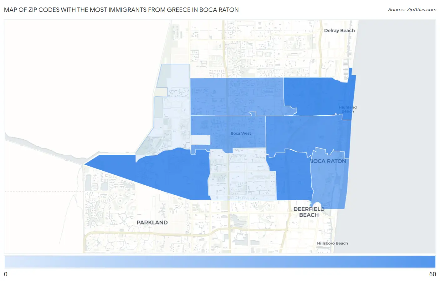 Zip Codes with the Most Immigrants from Greece in Boca Raton Map