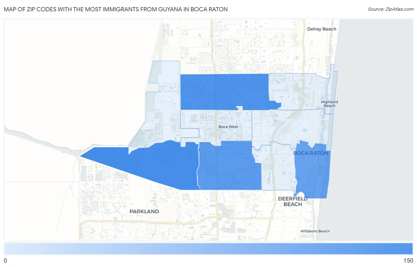 Zip Codes with the Most Immigrants from Guyana in Boca Raton Map