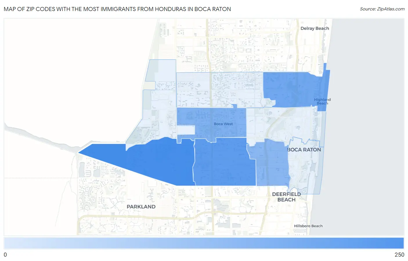 Zip Codes with the Most Immigrants from Honduras in Boca Raton Map