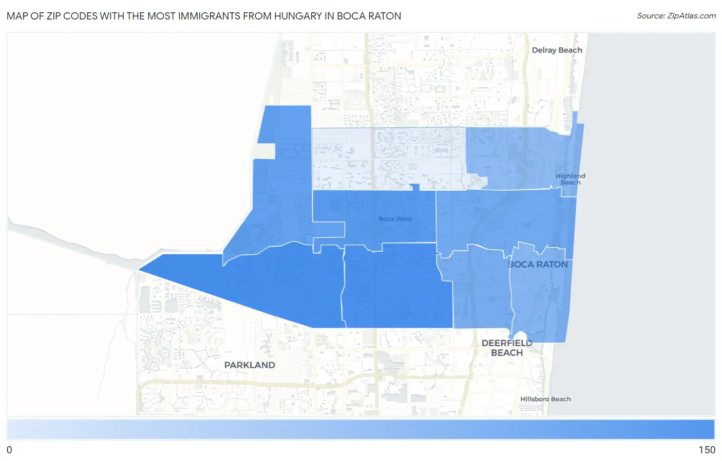 Zip Codes with the Most Immigrants from Hungary in Boca Raton Map