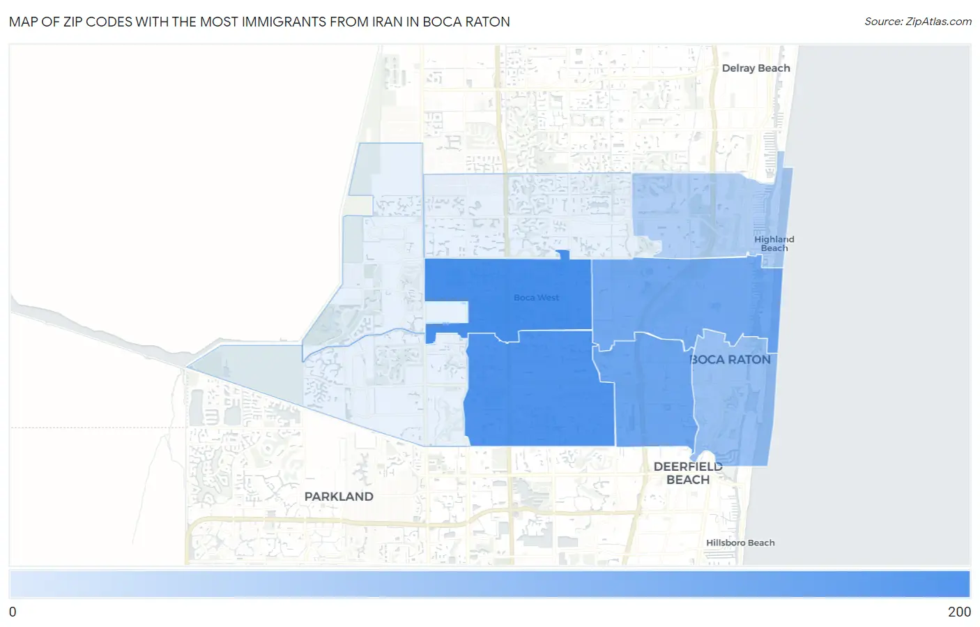 Zip Codes with the Most Immigrants from Iran in Boca Raton Map