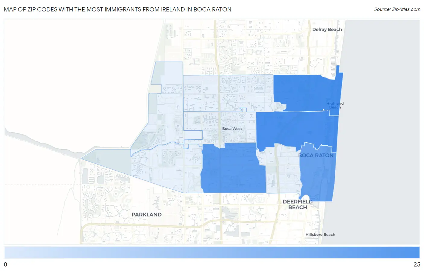 Zip Codes with the Most Immigrants from Ireland in Boca Raton Map