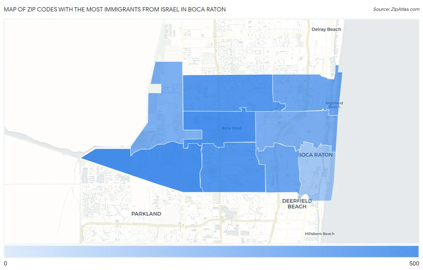 Zip Codes with the Most Immigrants from Israel in Boca Raton Map