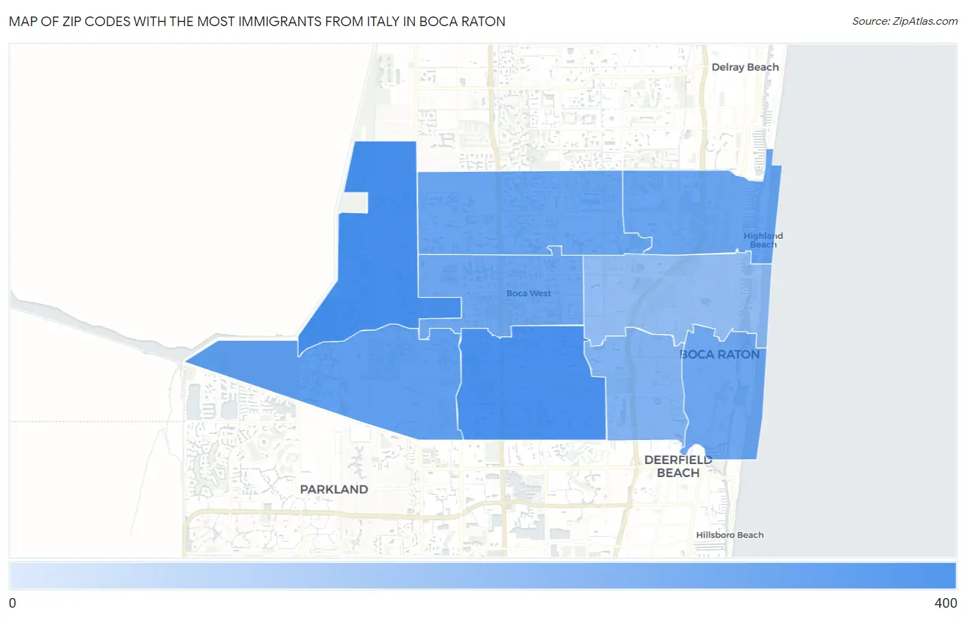 Zip Codes with the Most Immigrants from Italy in Boca Raton Map