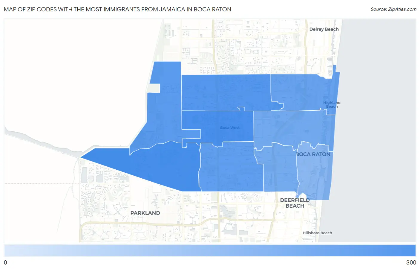 Zip Codes with the Most Immigrants from Jamaica in Boca Raton Map