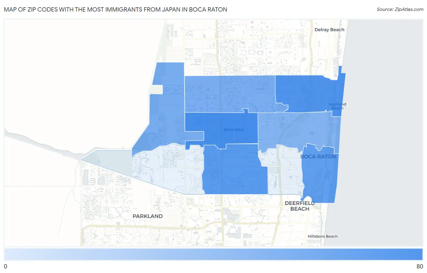 Zip Codes with the Most Immigrants from Japan in Boca Raton Map