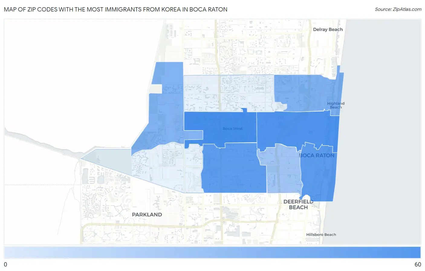 Zip Codes with the Most Immigrants from Korea in Boca Raton Map