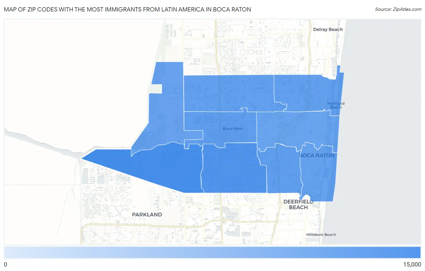 Zip Codes with the Most Immigrants from Latin America in Boca Raton Map