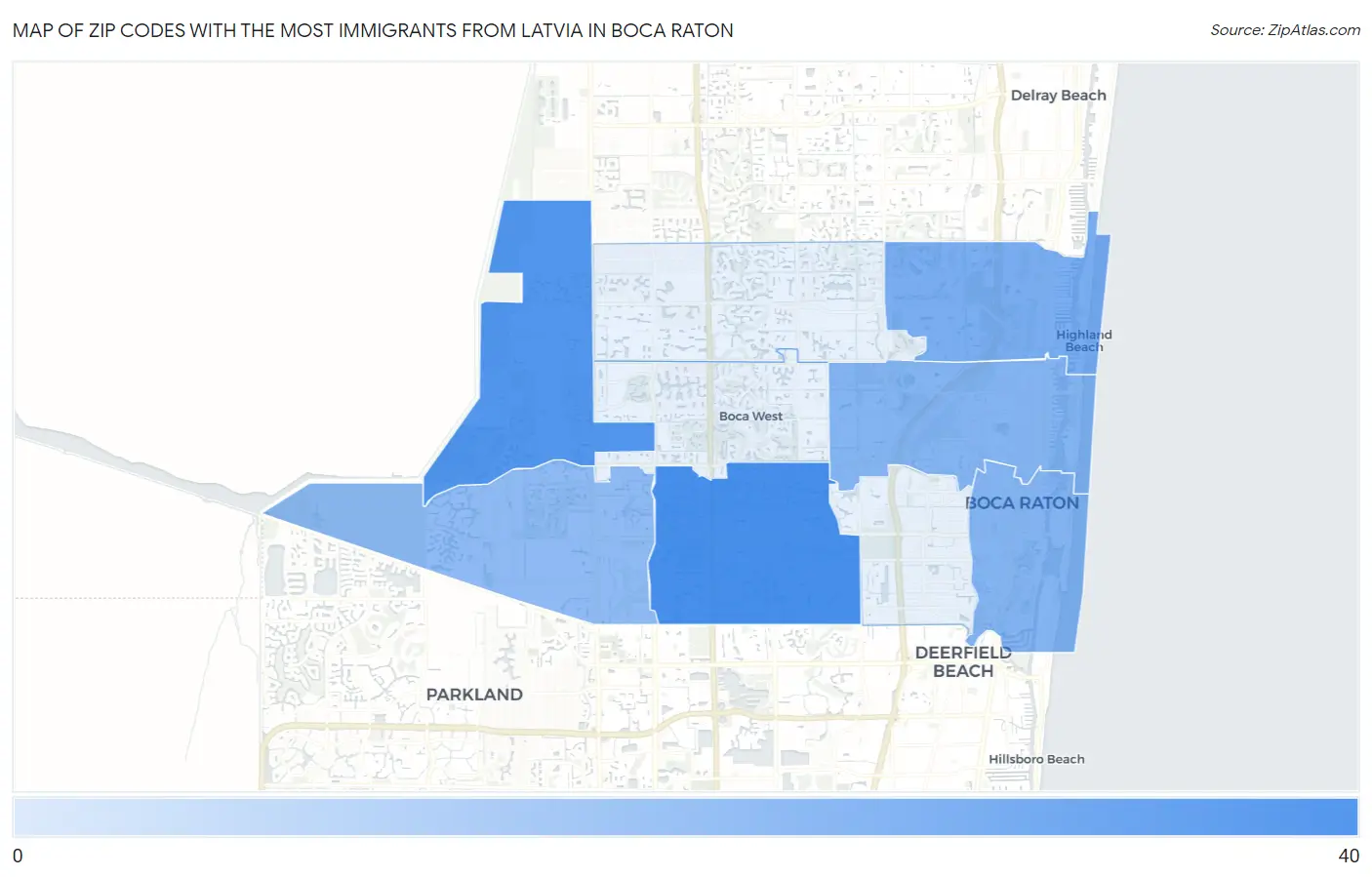 Zip Codes with the Most Immigrants from Latvia in Boca Raton Map