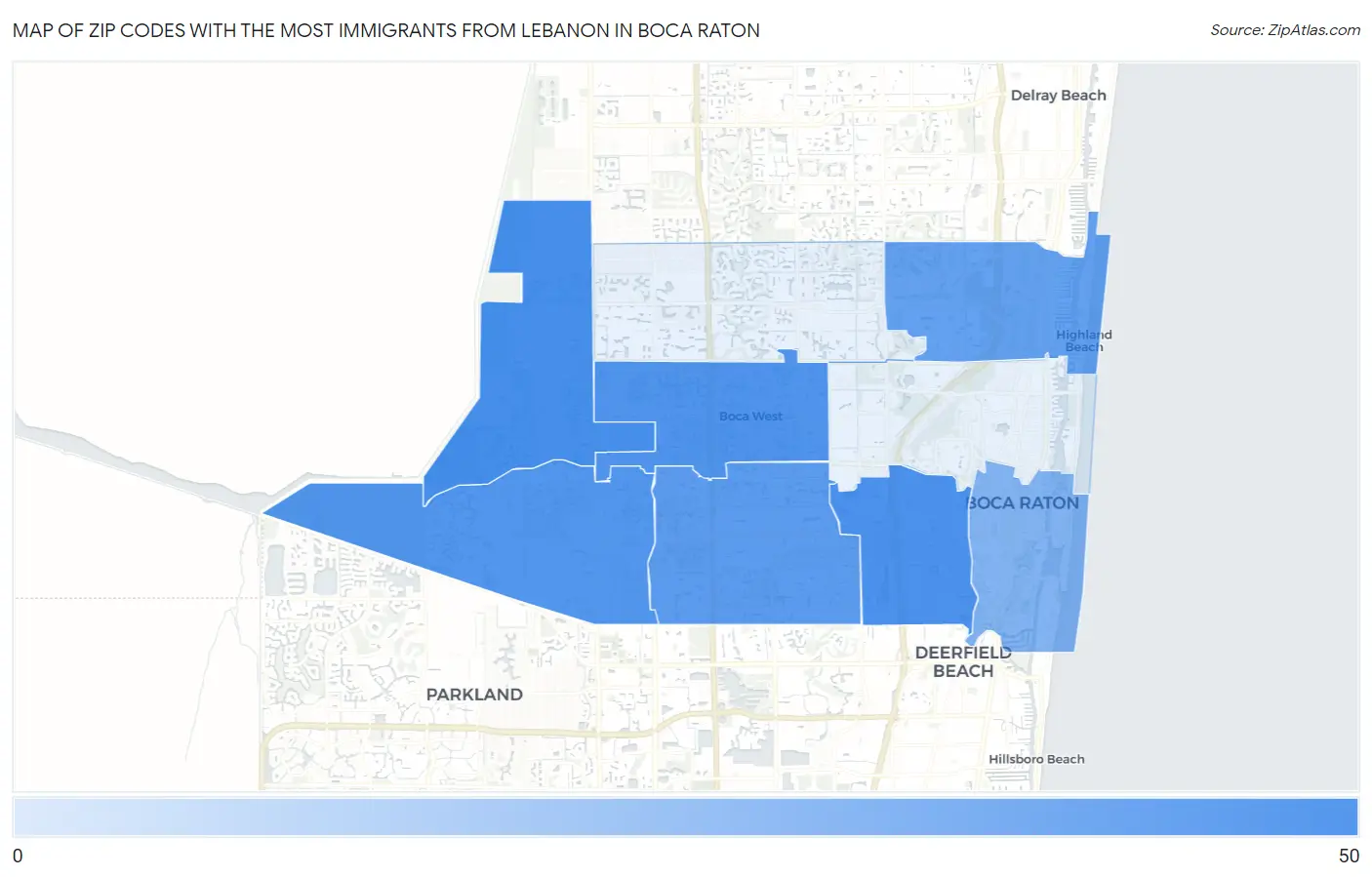 Zip Codes with the Most Immigrants from Lebanon in Boca Raton Map