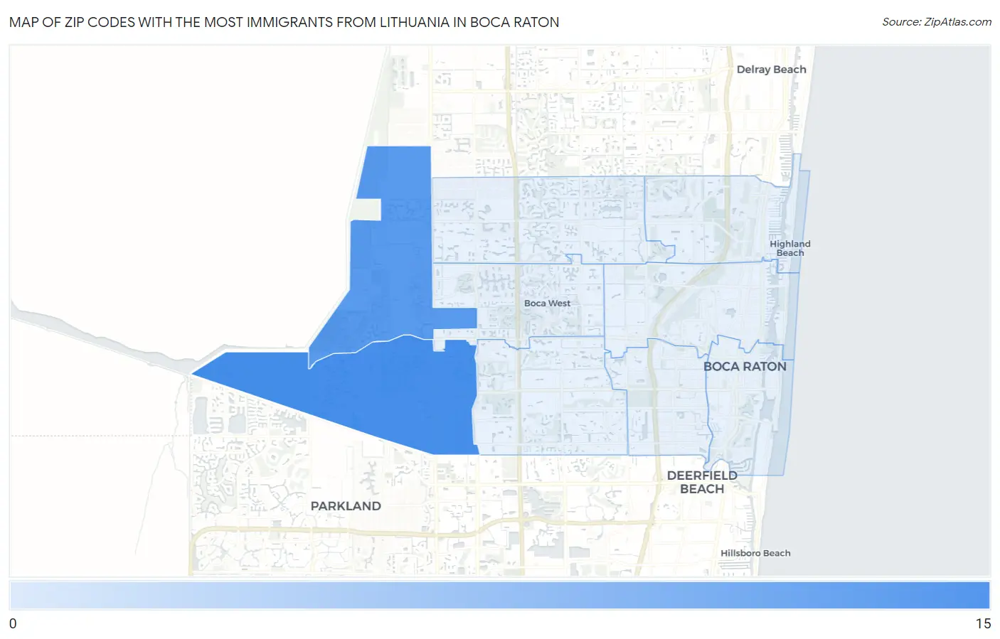 Zip Codes with the Most Immigrants from Lithuania in Boca Raton Map
