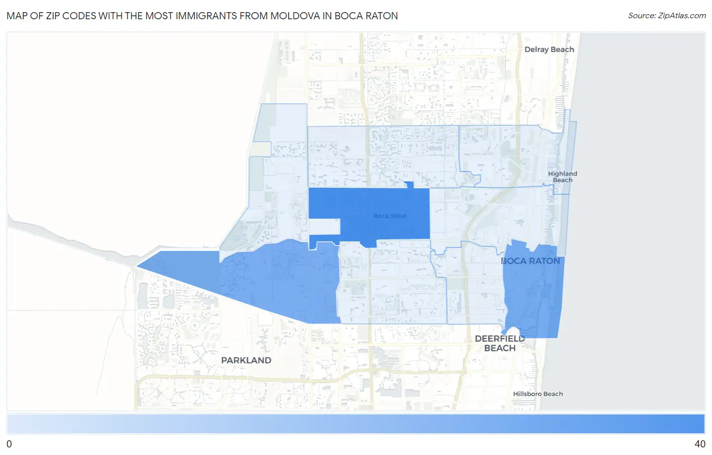 Zip Codes with the Most Immigrants from Moldova in Boca Raton Map