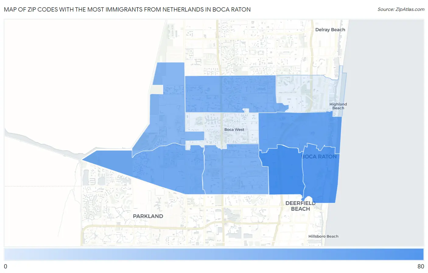 Zip Codes with the Most Immigrants from Netherlands in Boca Raton Map