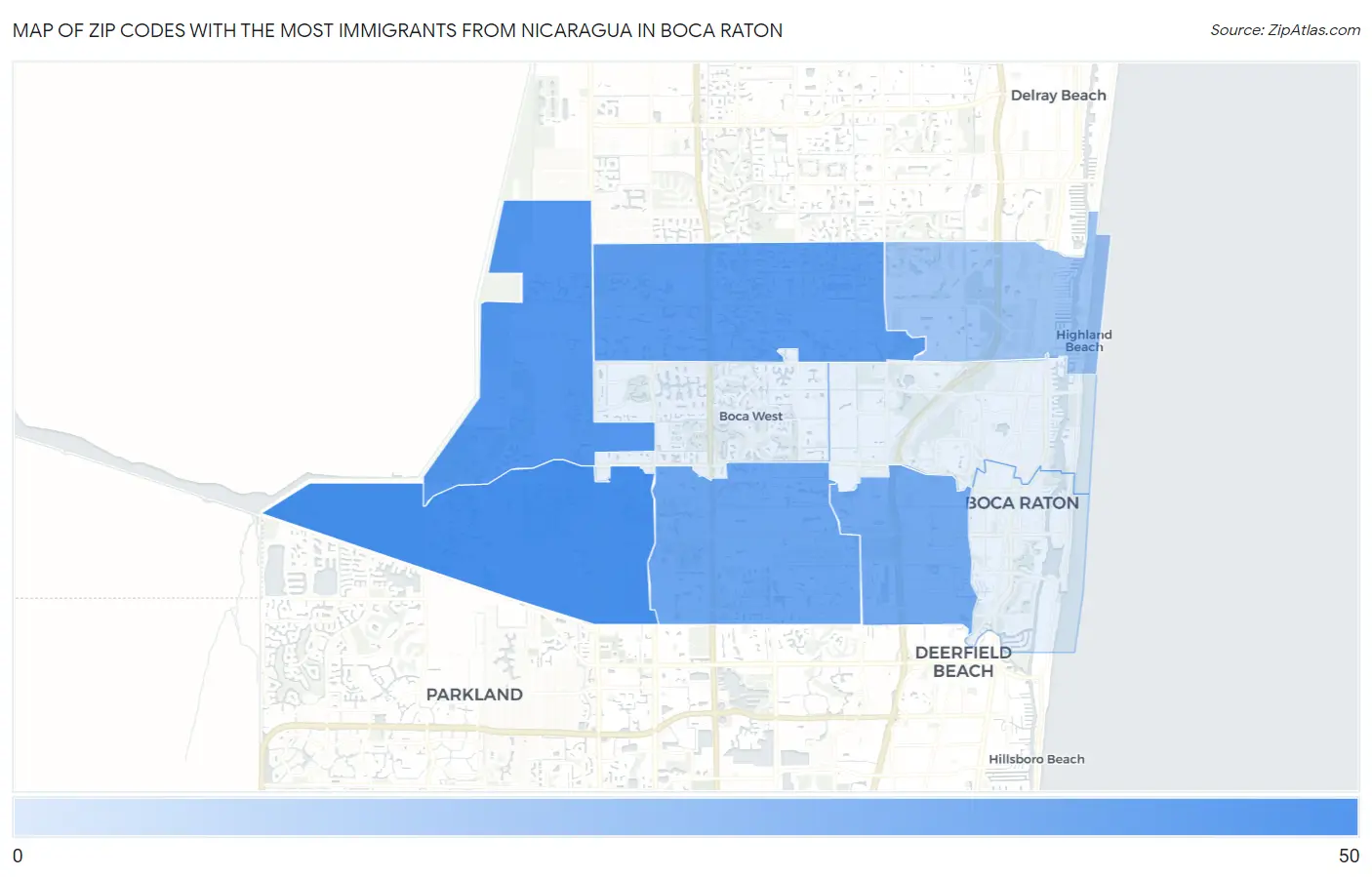 Zip Codes with the Most Immigrants from Nicaragua in Boca Raton Map