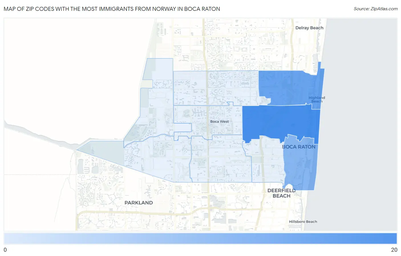 Zip Codes with the Most Immigrants from Norway in Boca Raton Map