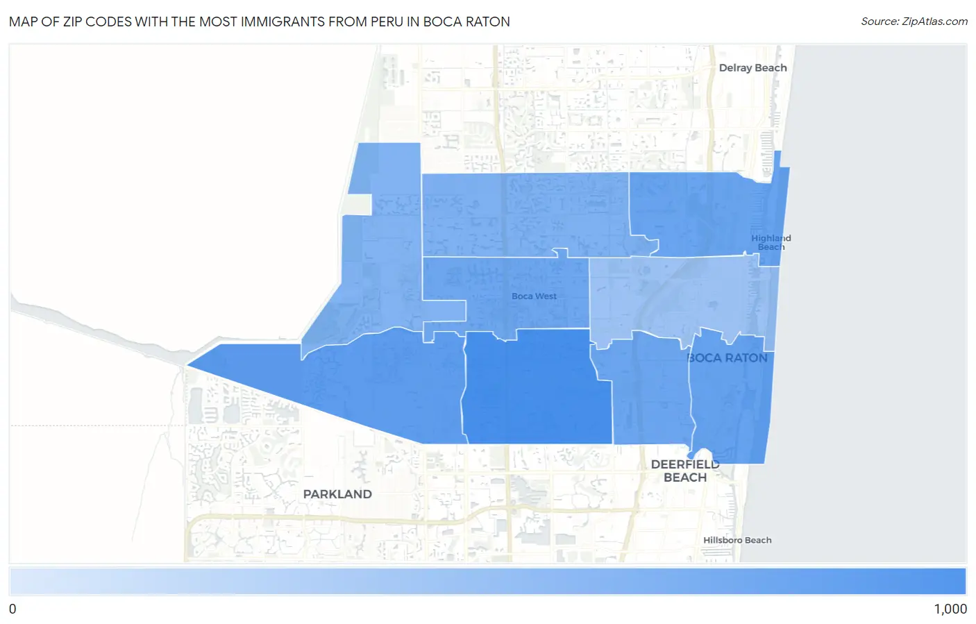 Zip Codes with the Most Immigrants from Peru in Boca Raton Map