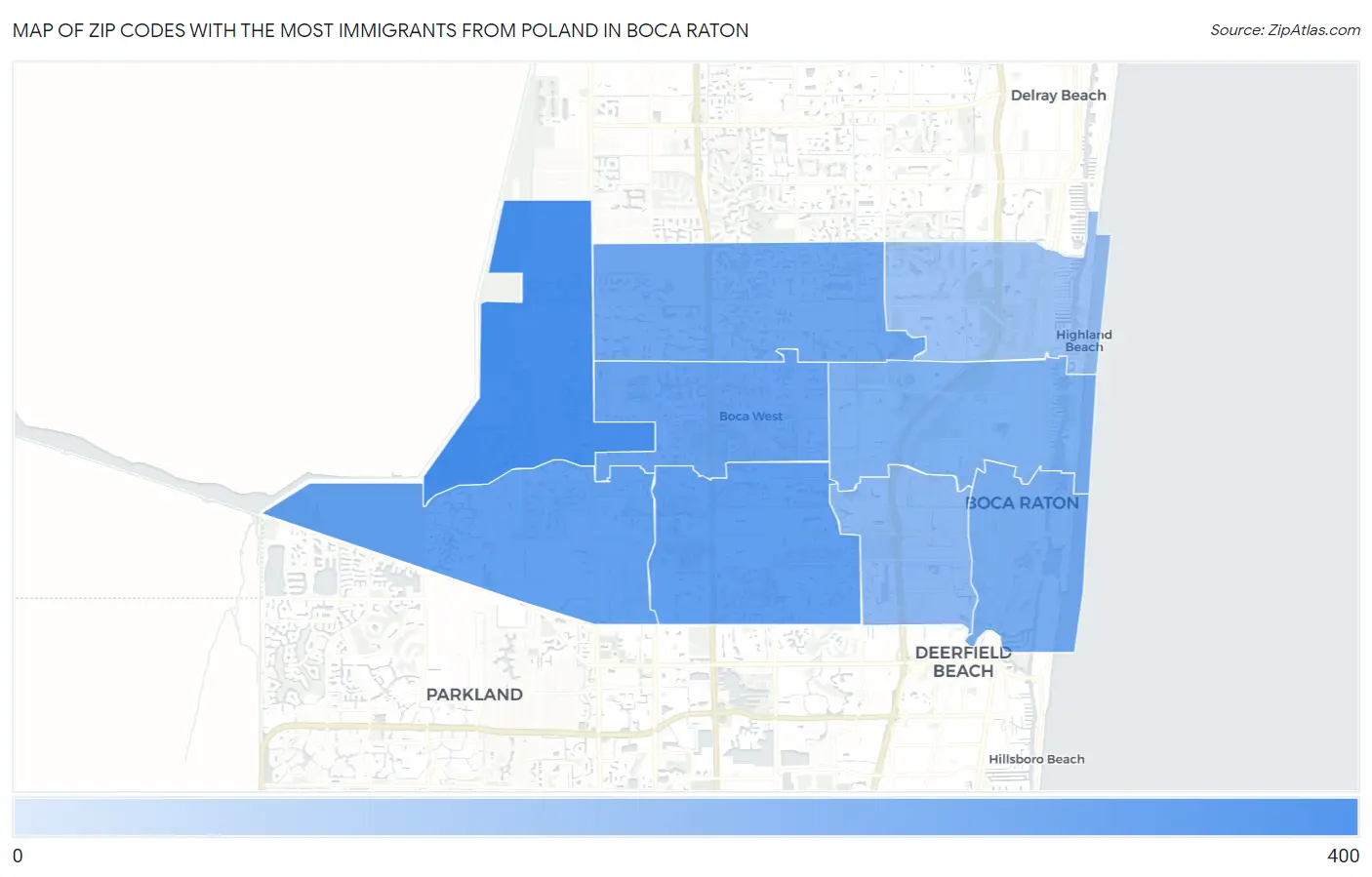 Zip Codes with the Most Immigrants from Poland in Boca Raton Map