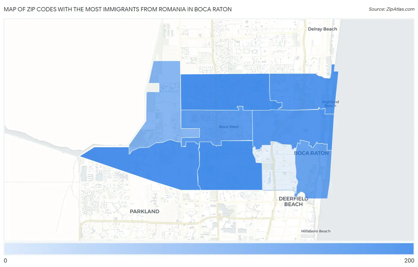 Zip Codes with the Most Immigrants from Romania in Boca Raton Map