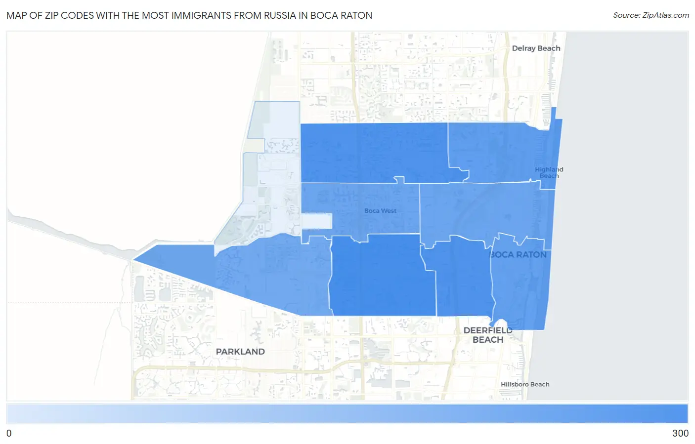 Zip Codes with the Most Immigrants from Russia in Boca Raton Map