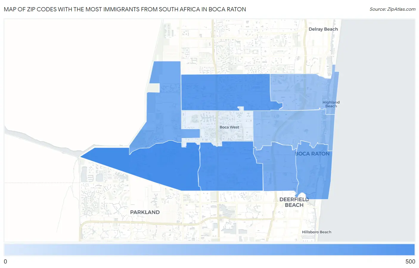 Zip Codes with the Most Immigrants from South Africa in Boca Raton Map