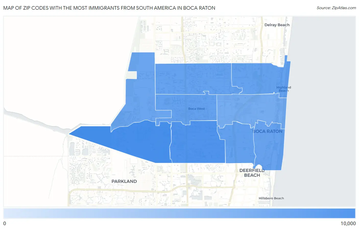 Zip Codes with the Most Immigrants from South America in Boca Raton Map