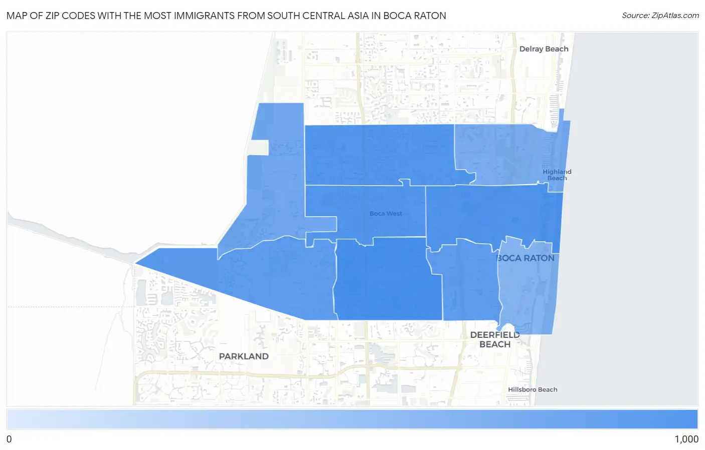 Zip Codes with the Most Immigrants from South Central Asia in Boca Raton Map