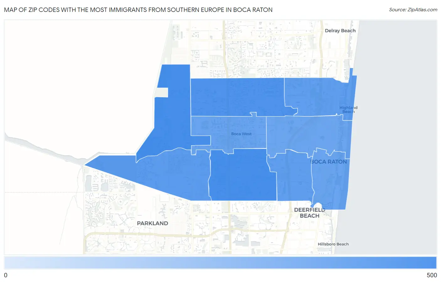 Zip Codes with the Most Immigrants from Southern Europe in Boca Raton Map
