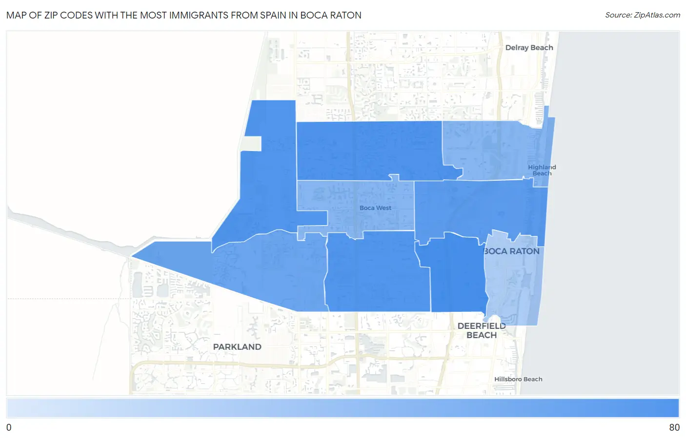 Zip Codes with the Most Immigrants from Spain in Boca Raton Map