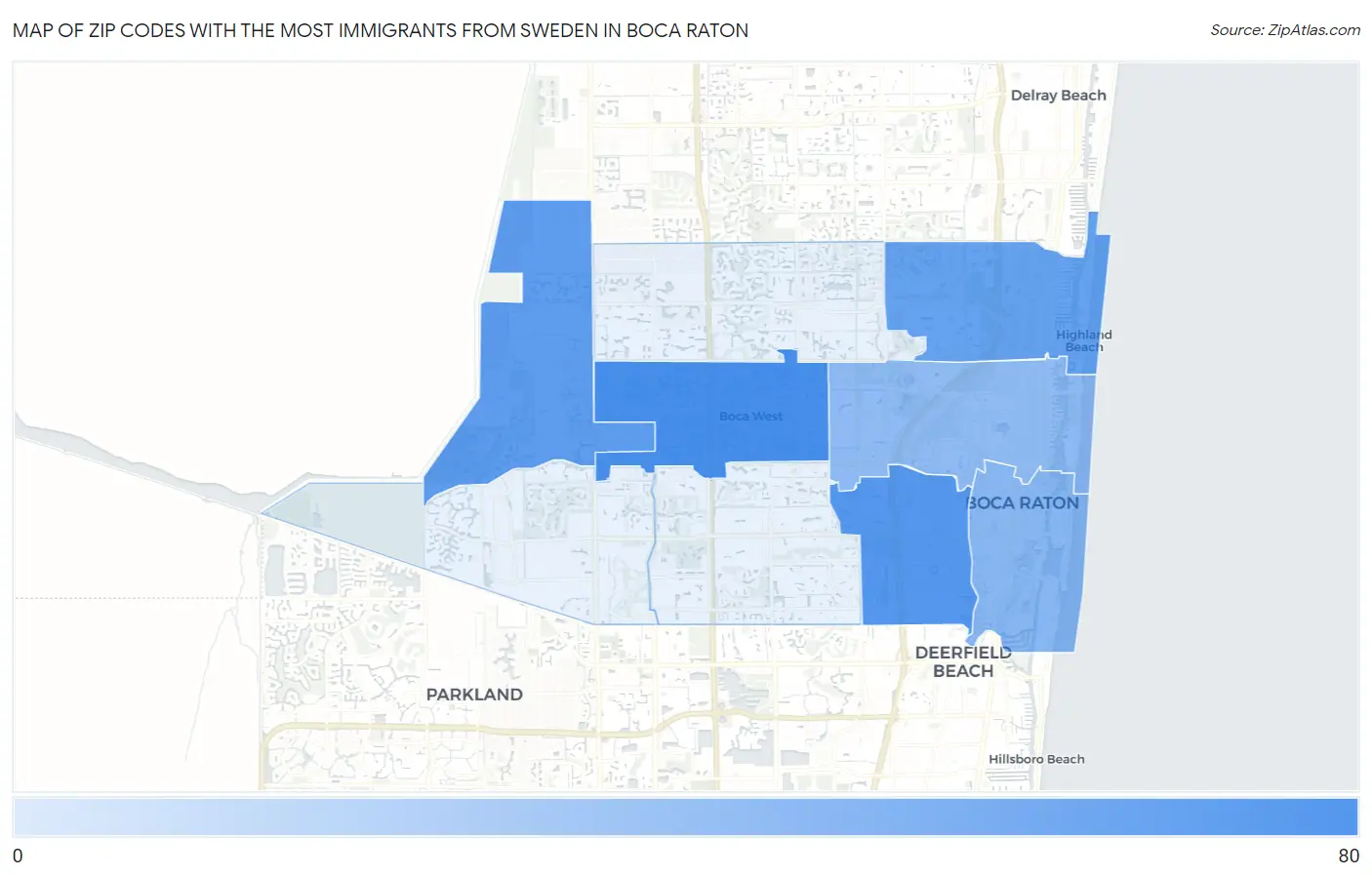 Zip Codes with the Most Immigrants from Sweden in Boca Raton Map