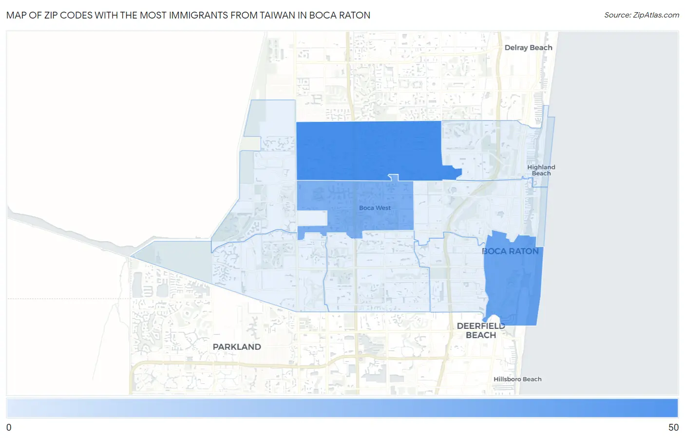 Zip Codes with the Most Immigrants from Taiwan in Boca Raton Map