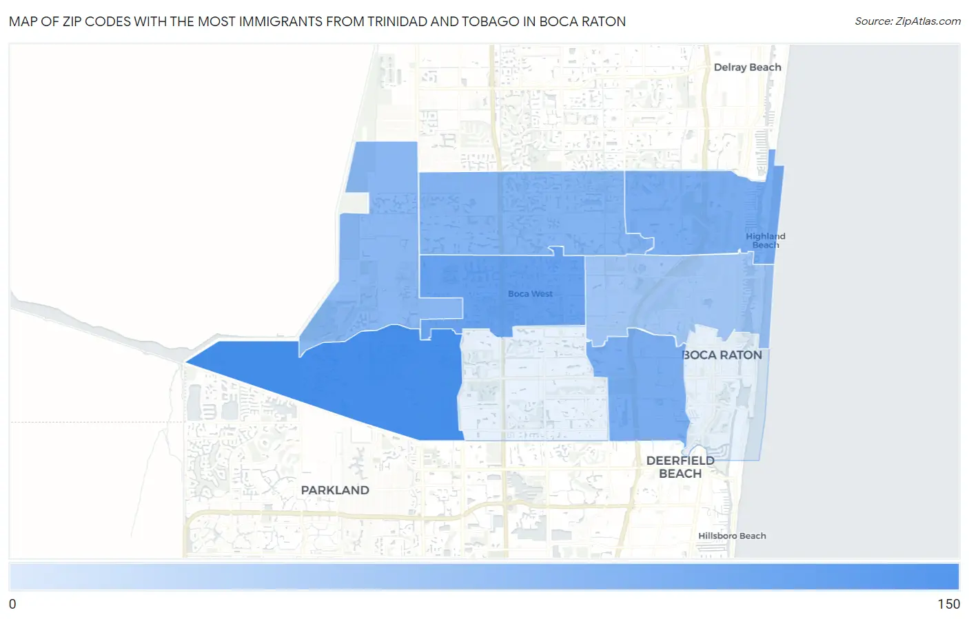 Zip Codes with the Most Immigrants from Trinidad and Tobago in Boca Raton Map