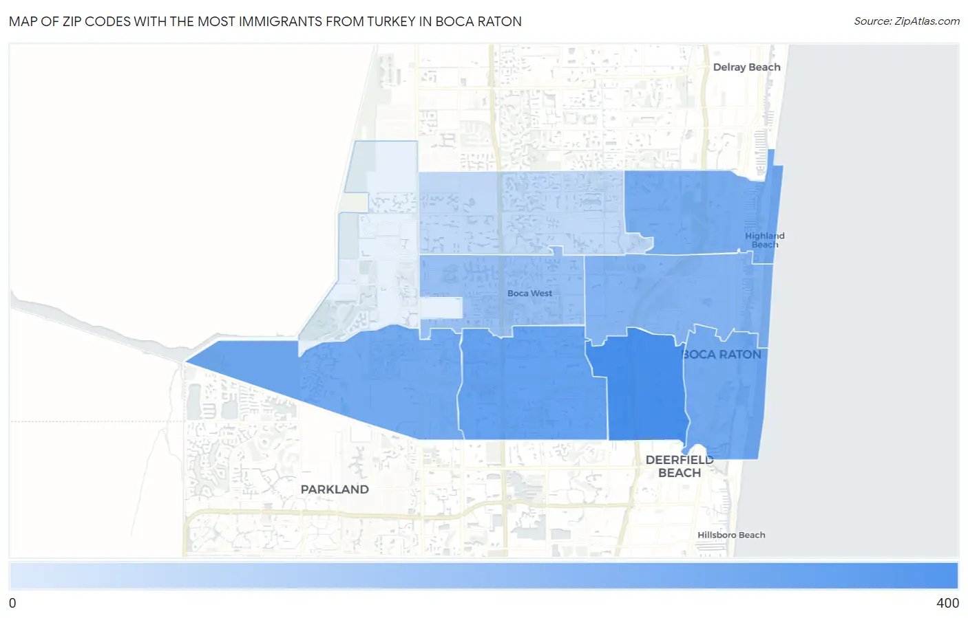 Zip Codes with the Most Immigrants from Turkey in Boca Raton Map