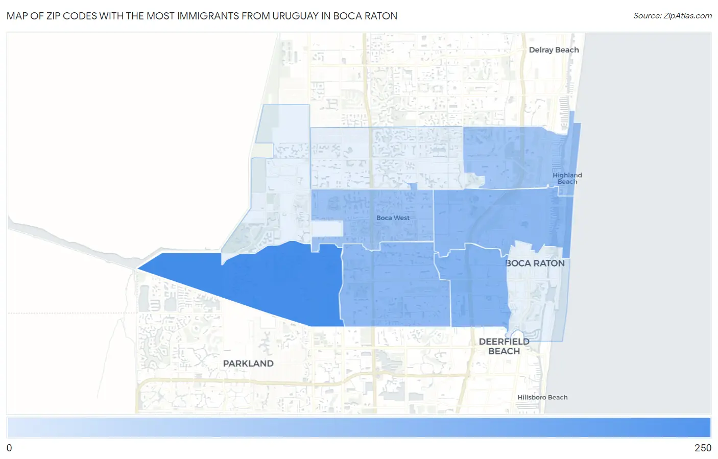 Zip Codes with the Most Immigrants from Uruguay in Boca Raton Map