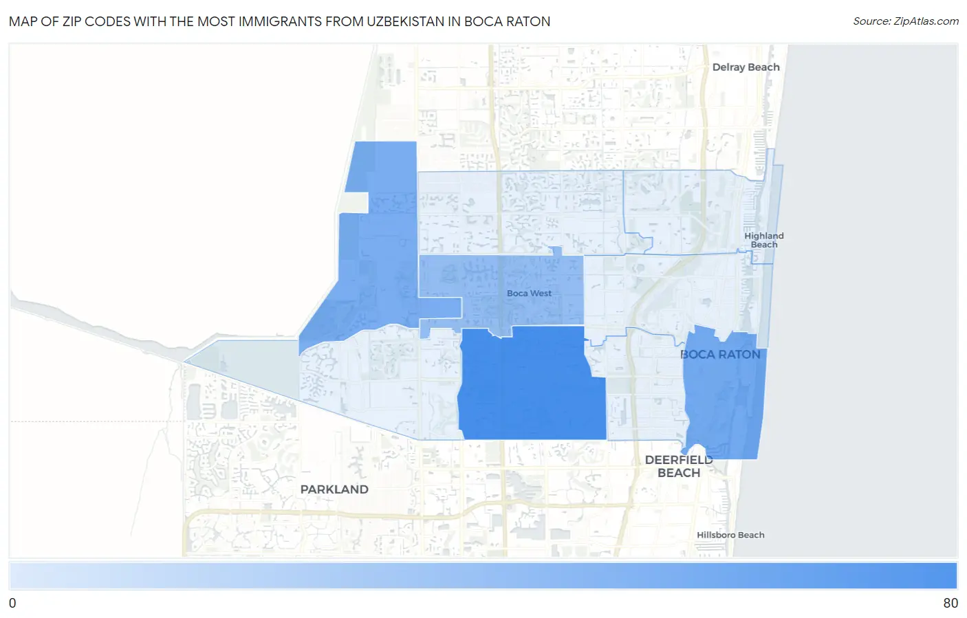 Zip Codes with the Most Immigrants from Uzbekistan in Boca Raton Map