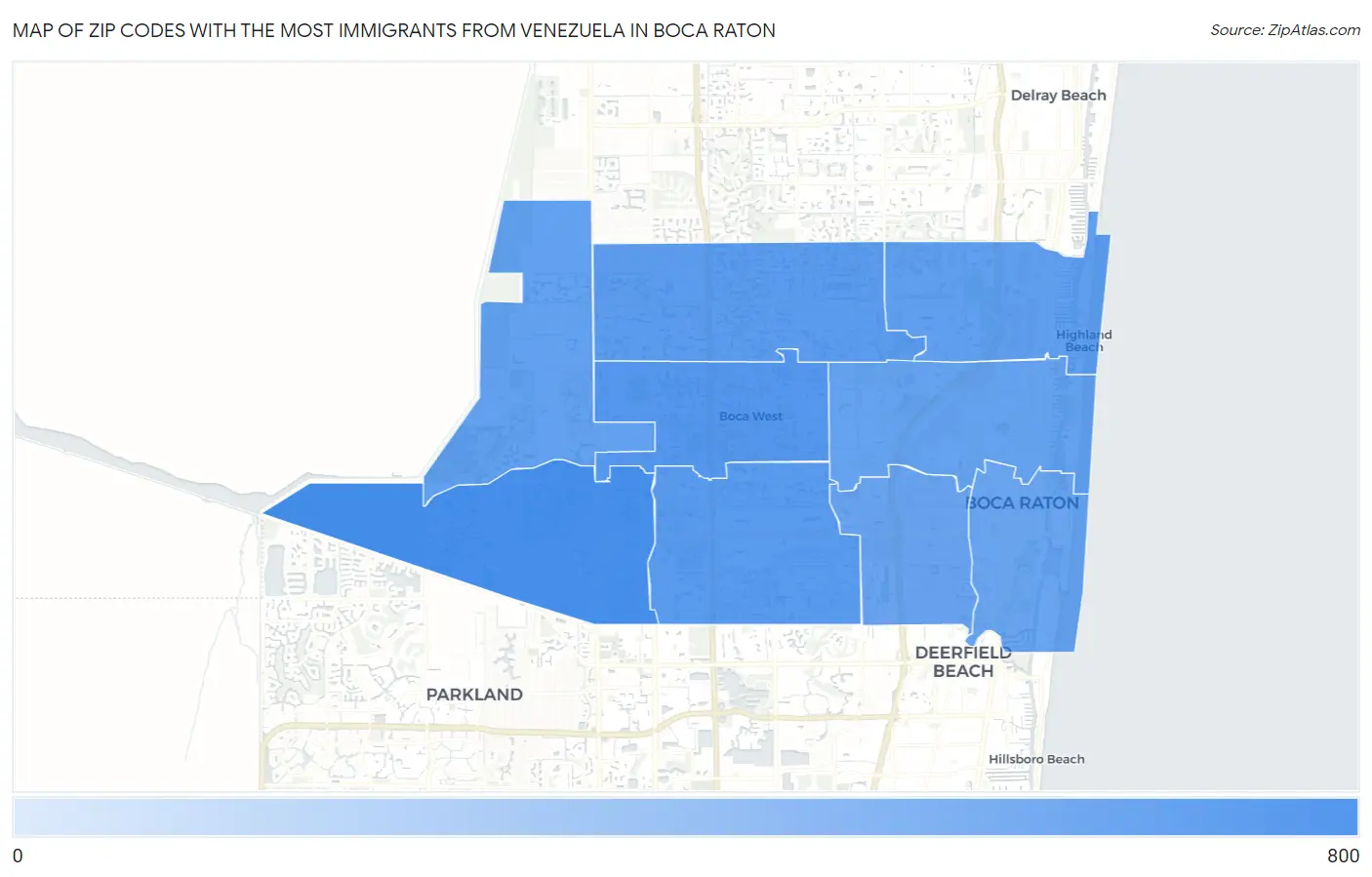 Zip Codes with the Most Immigrants from Venezuela in Boca Raton Map
