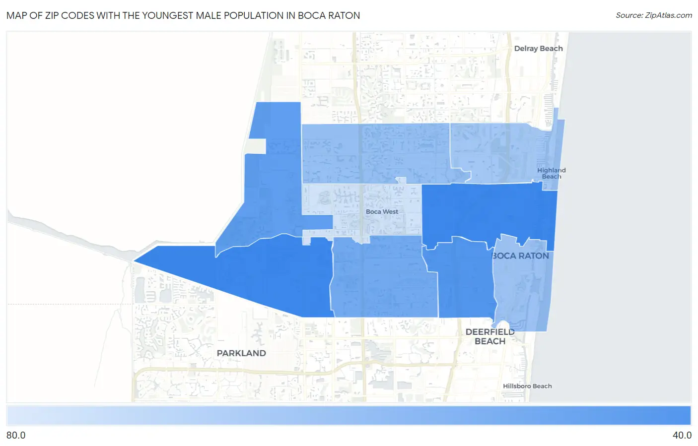 Zip Codes with the Youngest Male Population in Boca Raton Map