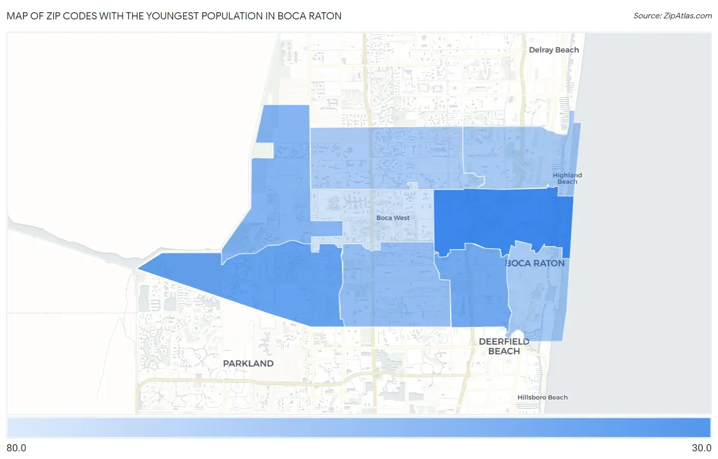 Zip Codes with the Youngest Population in Boca Raton Map