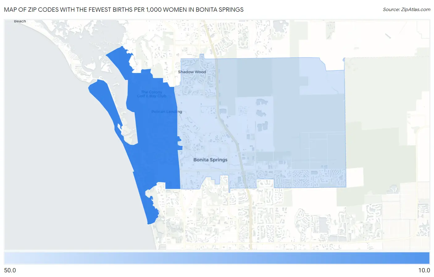 Zip Codes with the Fewest Births per 1,000 Women in Bonita Springs Map